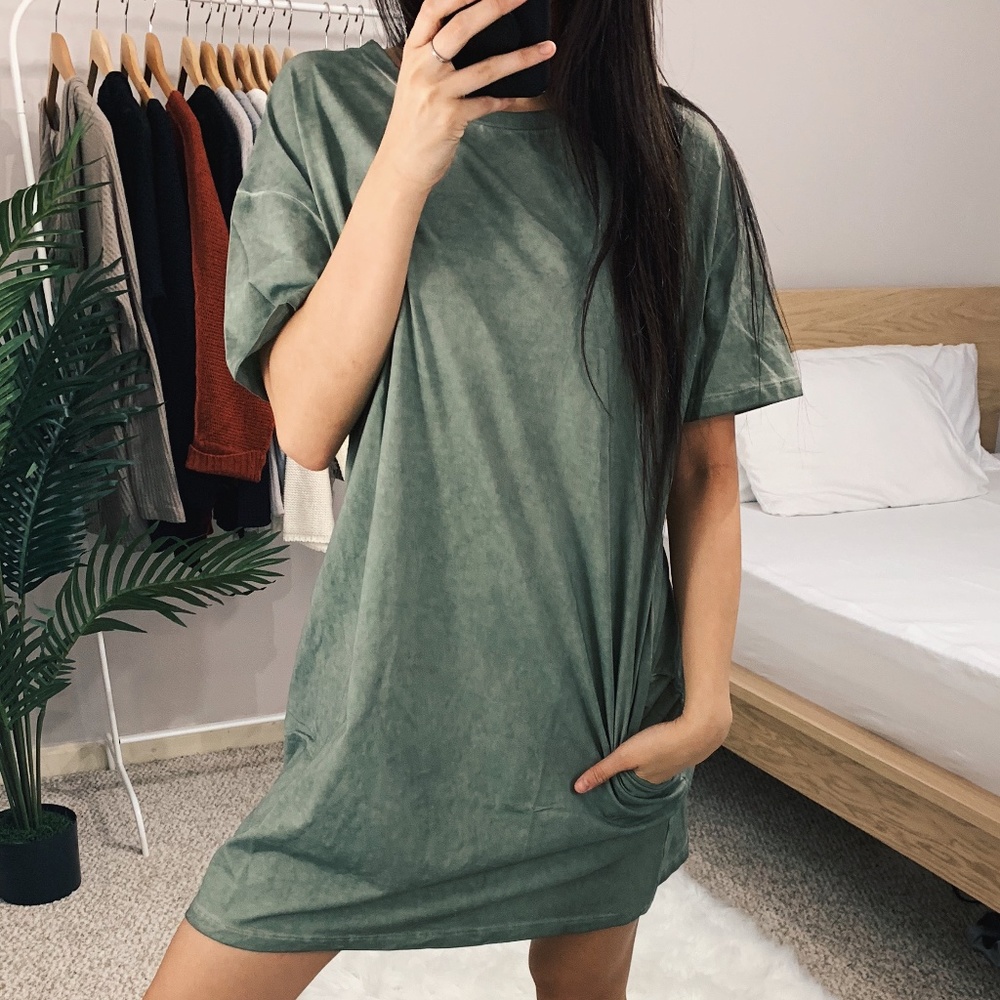 🆕 Olive Green Oil Washed T-Shirt Dress - Picture 4 of 6